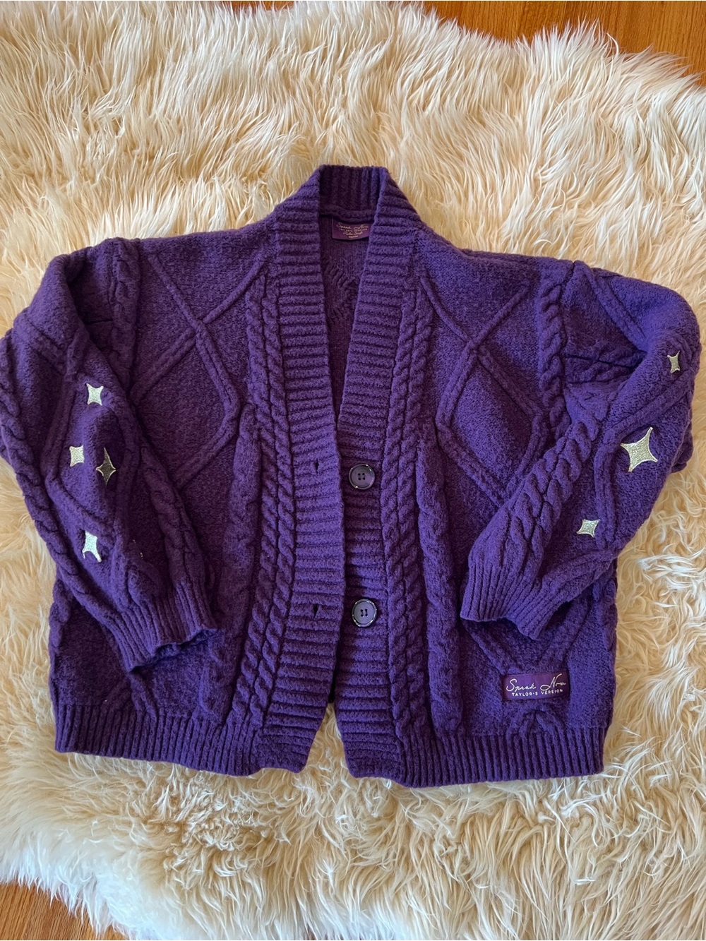 Purple woman Cable Knit Cardigan Sweater